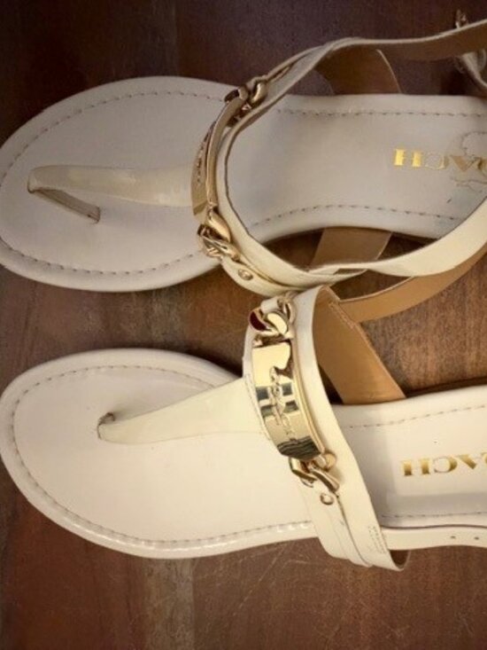Coach Shoes - Coach Cream Leather T-Strap Sandals with gold accent